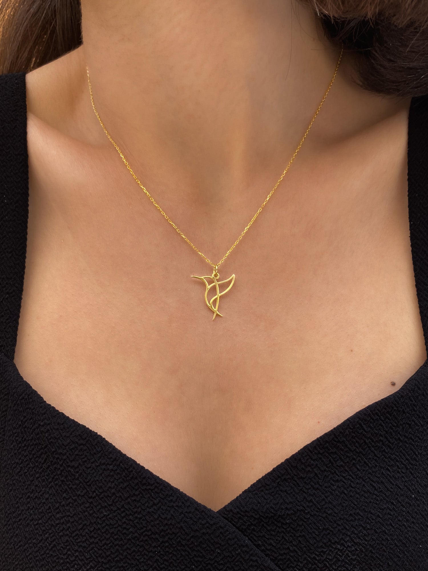 14 Ayar Altın Sinek Kuşu Kolye, Altın Renk